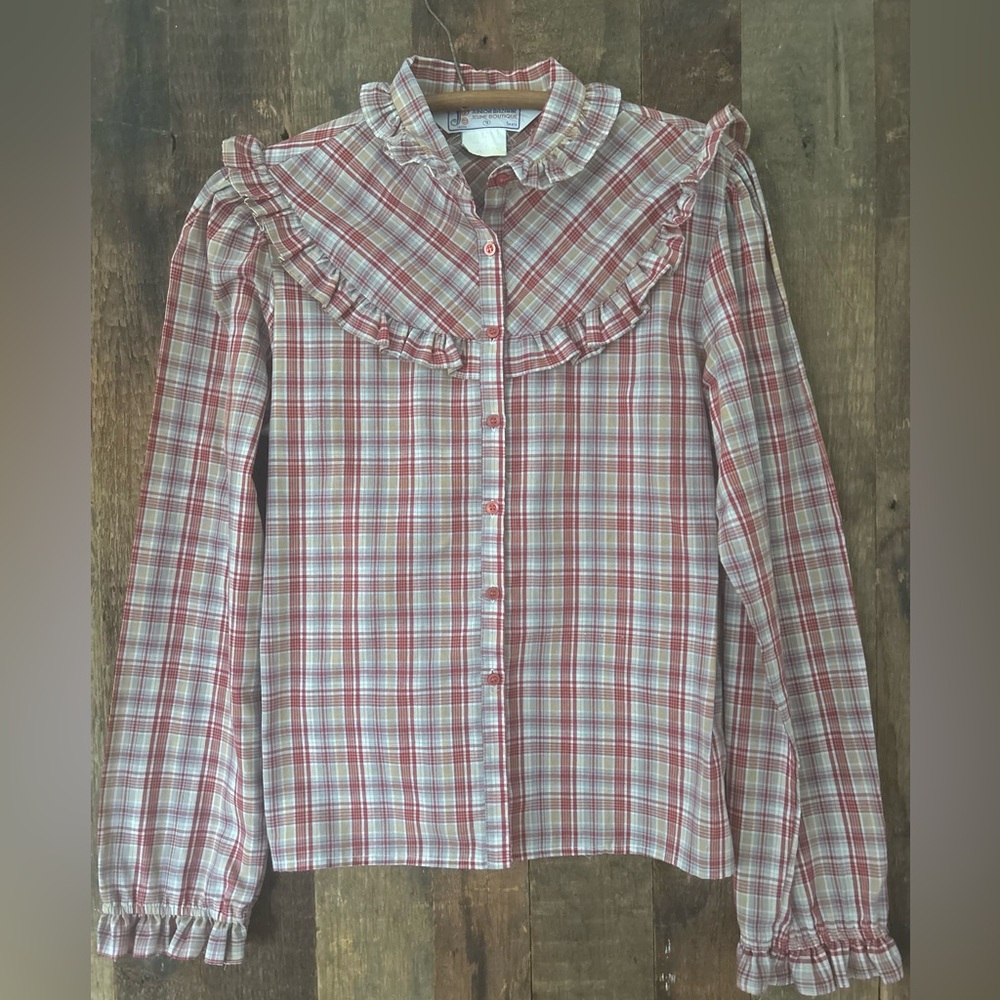 Vintage Sear’s Junior Bazaar plaid ruffle button-down top size 9 junior